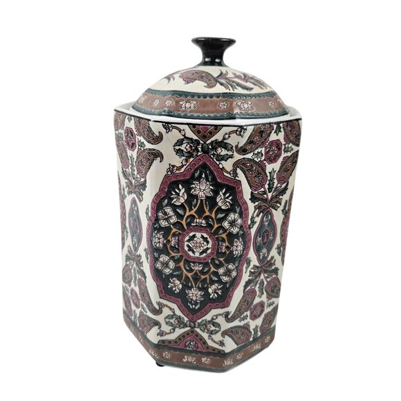 Hexagon Ceramic Canister Jar Floral Paisley Multicolor Lidded Kitchen Decor - Picture 4 of 10